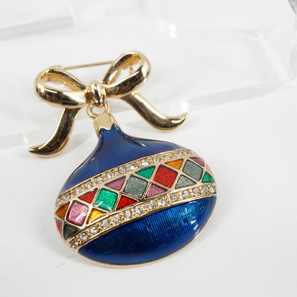 Monet Vintage Christmas Ornament Bow Brooch Blue Guilloché Enamel Rhinestones
